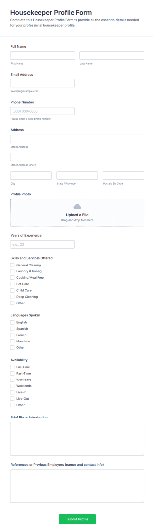 Housekeeper Profile Form Template