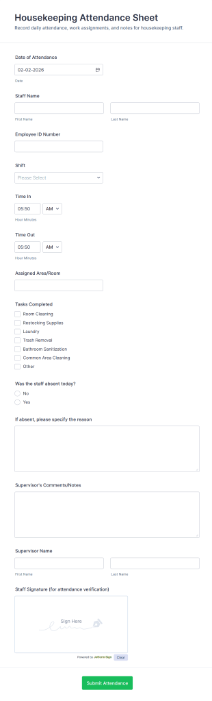 Housekeeping Attendance Sheet Form Template