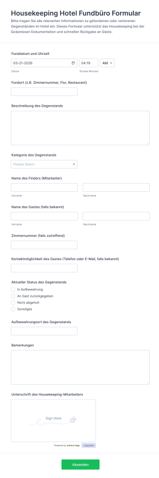 Housekeeping Hotel Fundbüro Formular