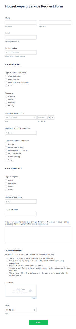 Housekeeping Service Request Form Template