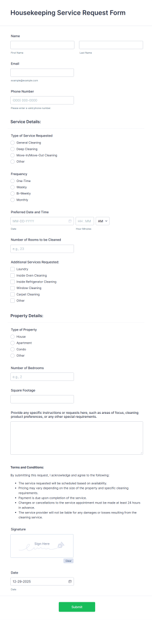 Housekeeping Service Request Form Template