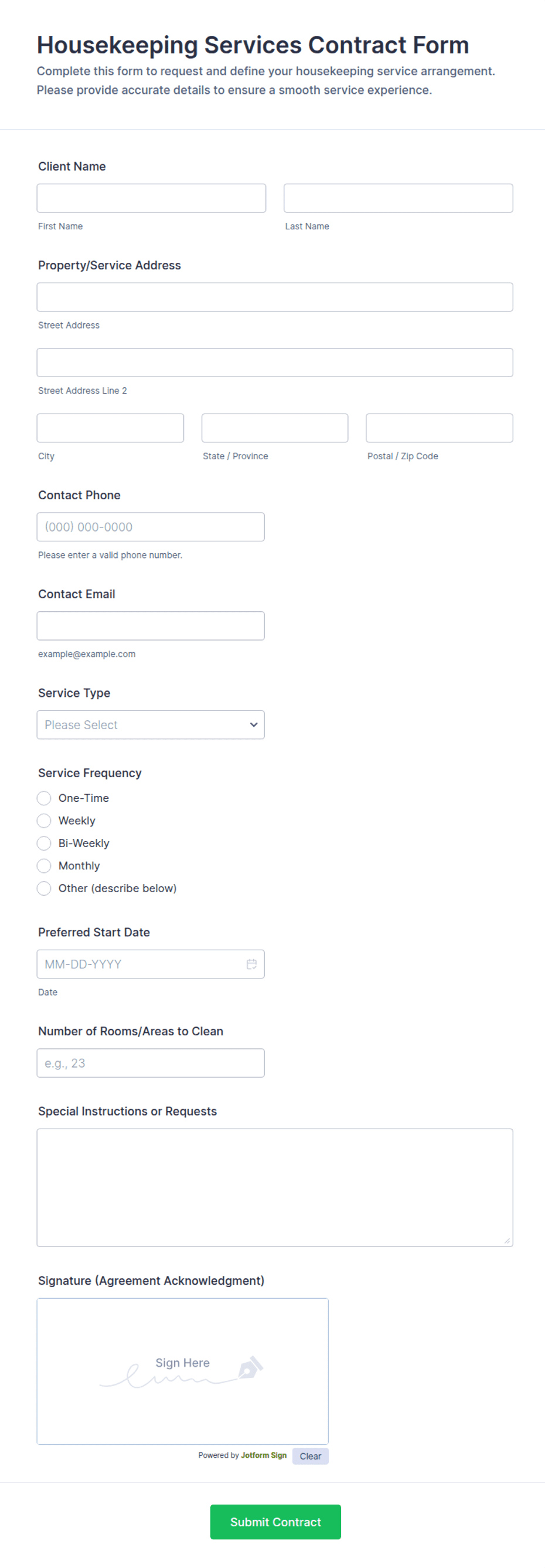 Housekeeping Services Contract Form Template | Jotform