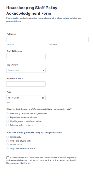 Housekeeping Staff Policy Acknowledgment Form Template