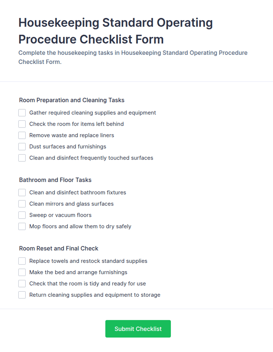 Housekeeping Standard Operating Procedure Checklist Form Template | Jotform