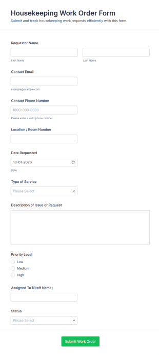 Housekeeping Work Order Form Template