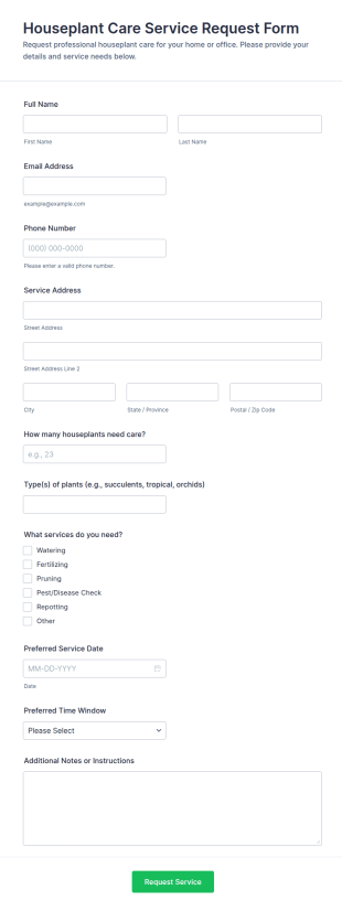 Houseplant Care Service Request Form Template