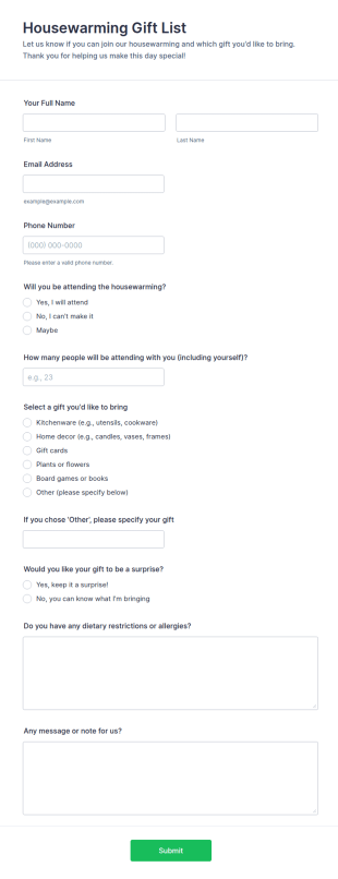 Housewarming Gift List Form Template