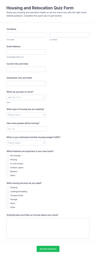 Housing And Relocation Quiz Form Template