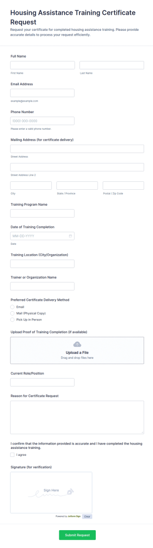 Housing Assistance Training Certificate Request Form Template