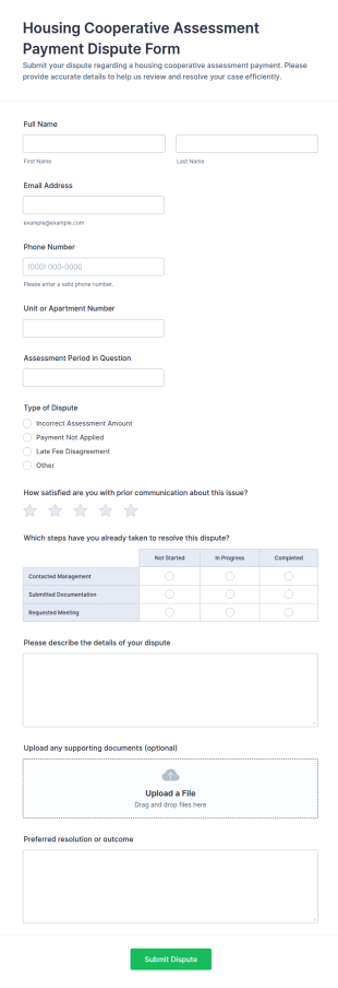 Housing Cooperative Assessment Payment Dispute Form Template
