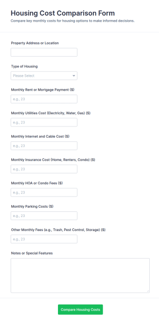 Housing Cost Comparison Form Template