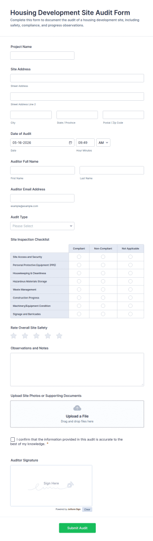 Housing Development Site Audit Form Template