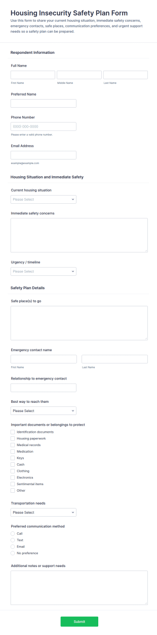 Housing Insecurity Safety Plan Form Template
