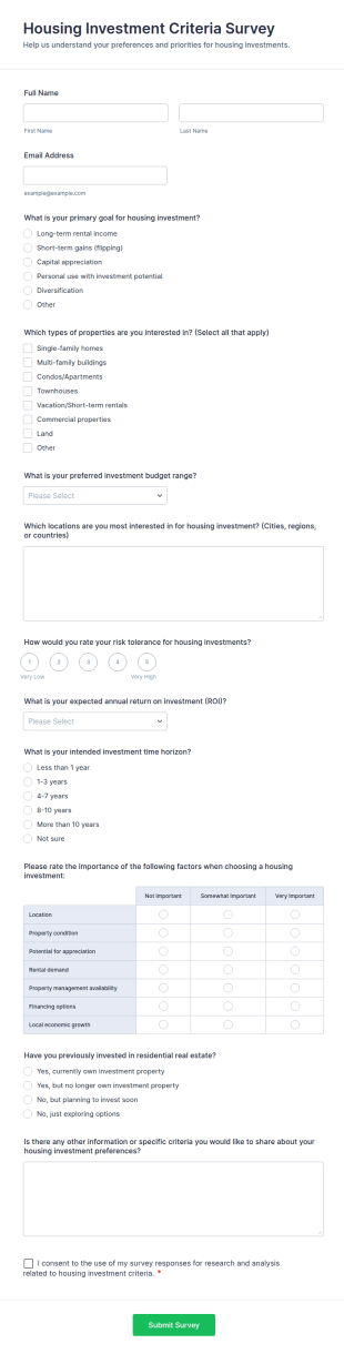 Housing Investment Criteria Survey Form Template