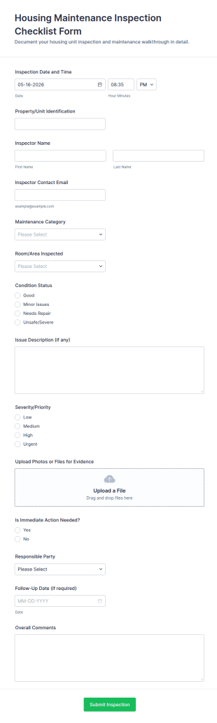 Housing Maintenance Inspection Checklist Form Template