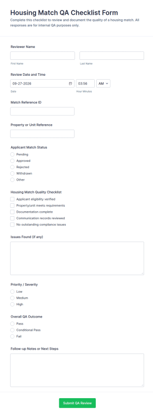 Housing Match QA Checklist Form Template