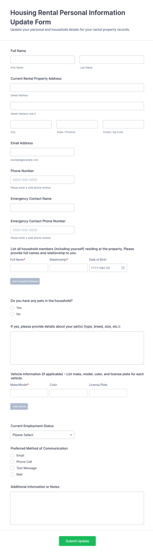 Housing Rental Personal Information Update Form Template