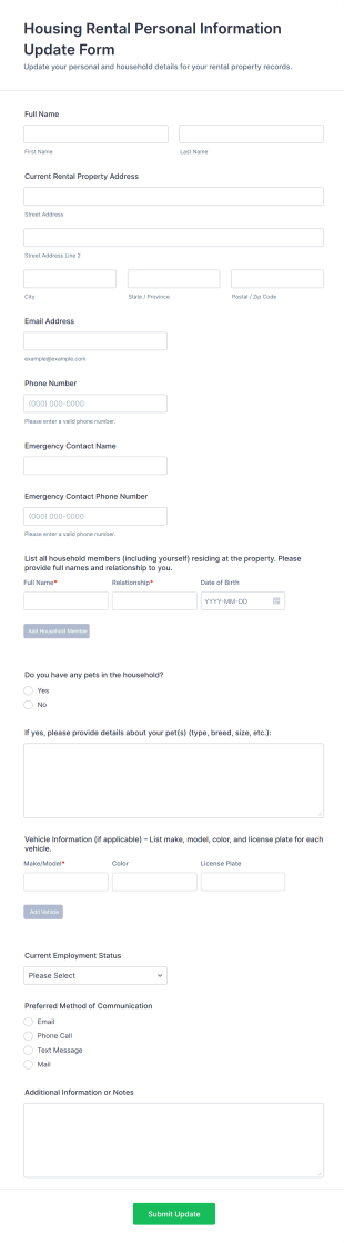 Housing Rental Personal Information Update Form Template