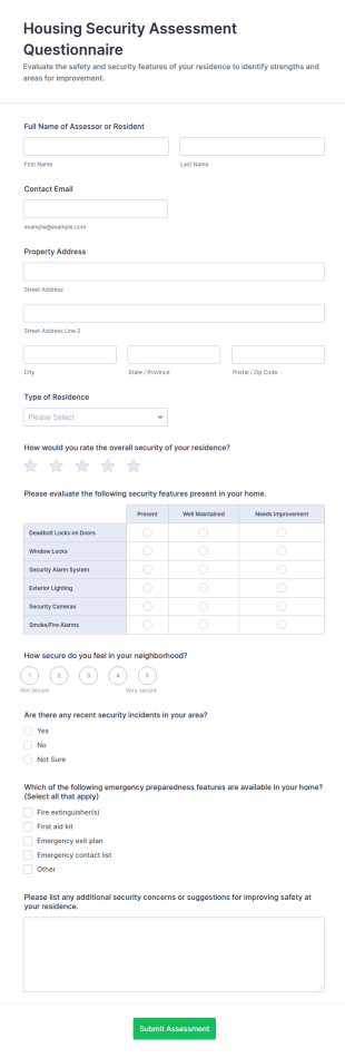 Housing Security Assessment Questionnaire Form Template