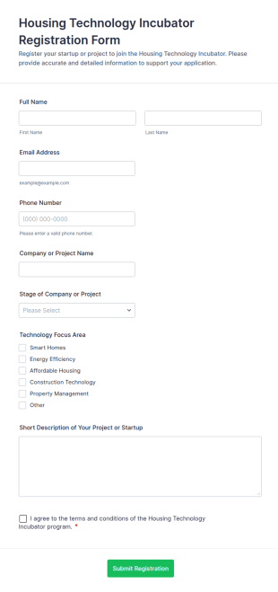 Housing Technology Incubator Registration Form Template