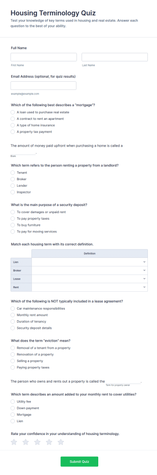 Housing Terminology Quiz Form Template