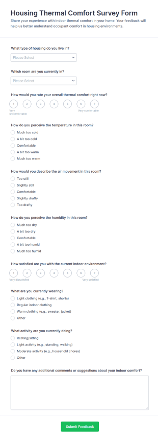 Housing Thermal Comfort Survey Form Template