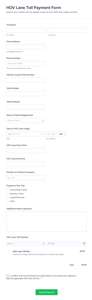 HOV Lane Toll Payment Form Template
