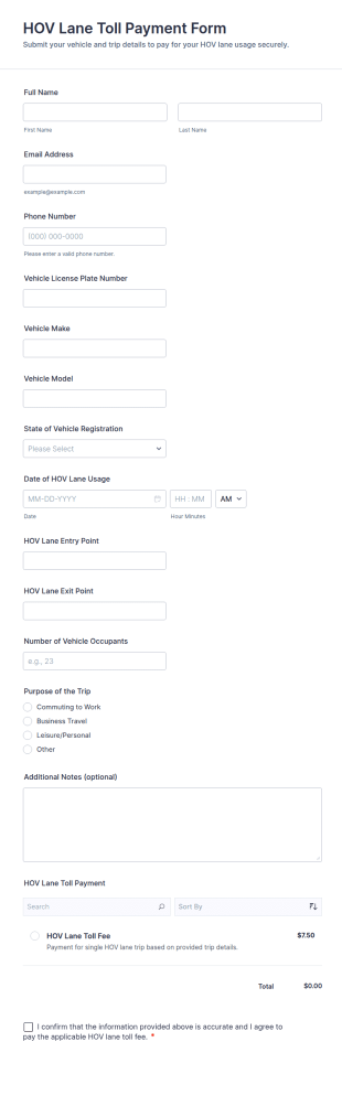 HOV Lane Toll Payment Form Template