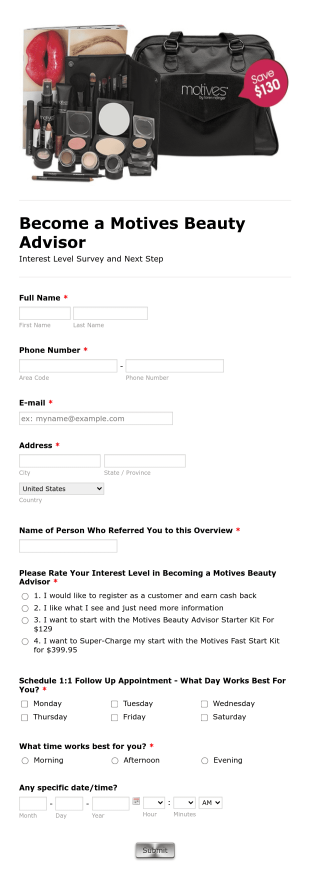 How To Become A Motives Beauty Advisor Form Template