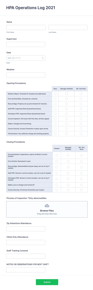 HPA Operations Log 2021 Form Template