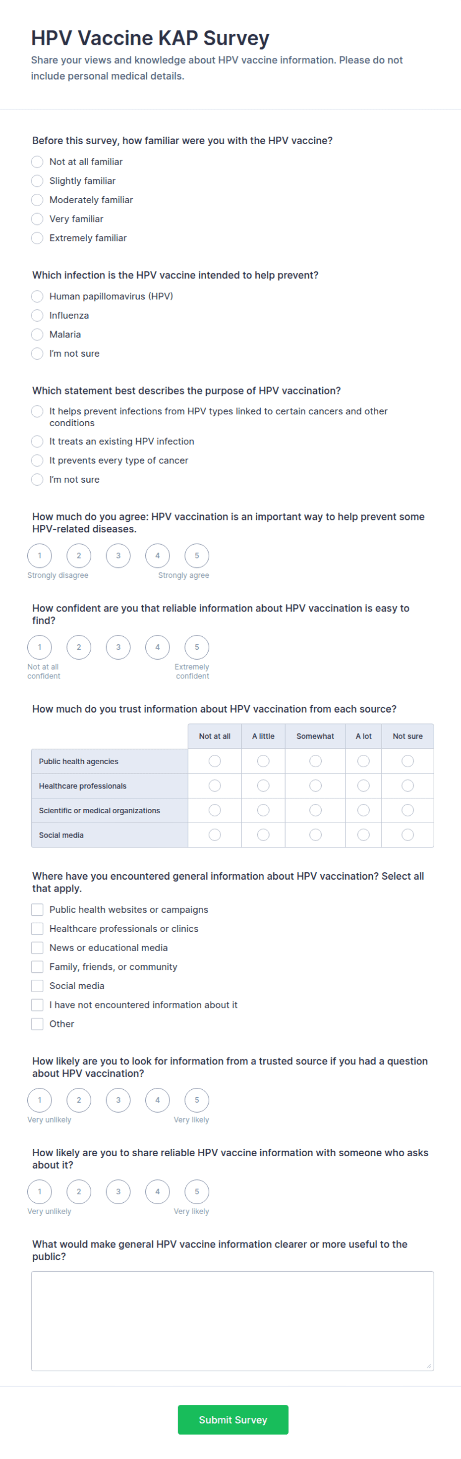 HPV Vaccine KAP Survey Form Template | Jotform