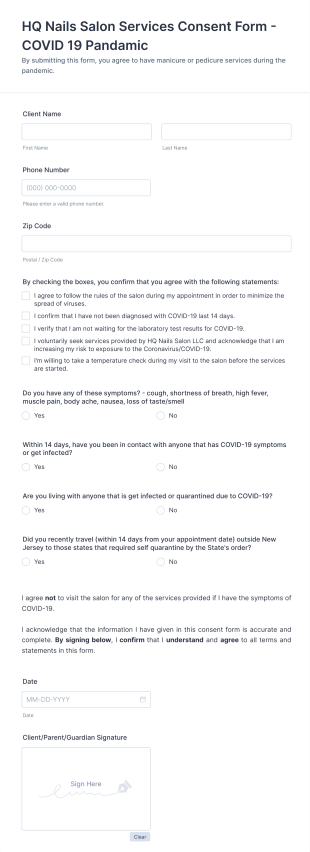 COVID 19 Pandemic Nails Salon Services Consent Form Template
