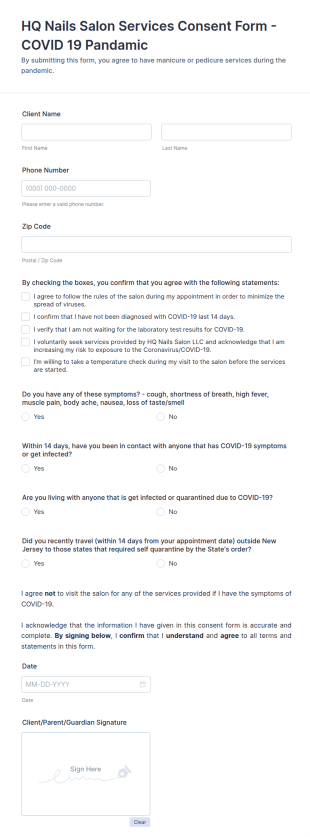 COVID 19 Pandemic Nails Salon Services Consent Form Template