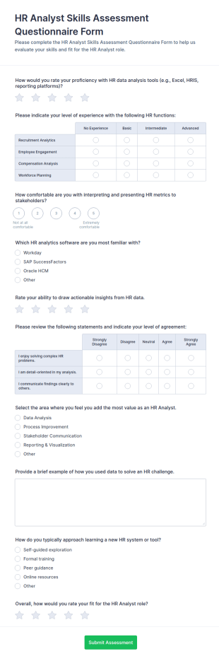 HR Analyst Skills Assessment Questionnaire Form Template