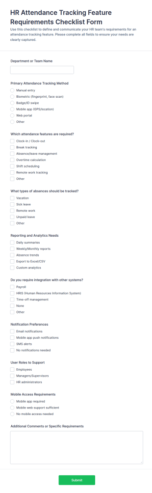 HR Attendance Tracking Feature Requirements Checklist Form Template
