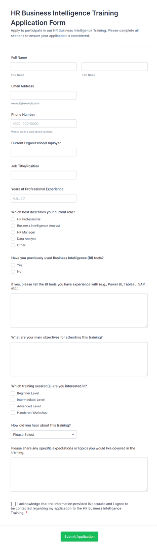 HR Business Intelligence Training Application Form Form Template