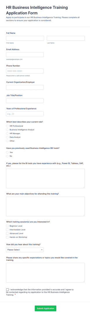 HR Business Intelligence Training Application Form Template