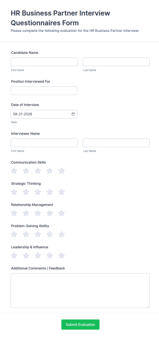 HR Business Partner Interview Questionnaires Form Template