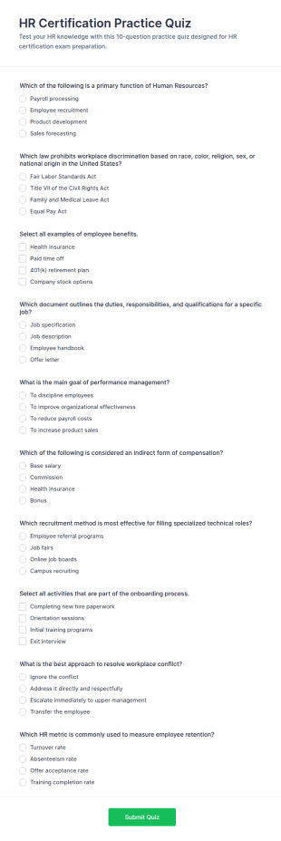 HR Certification Practice Quiz Form Template