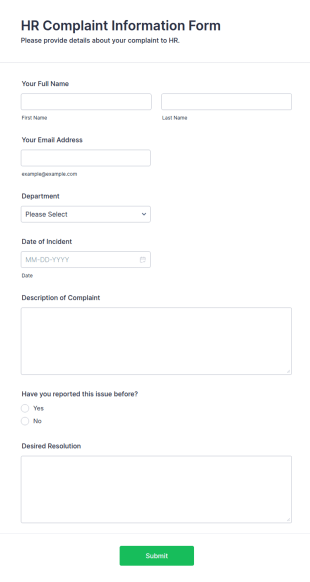 HR Complaint Information Form Template