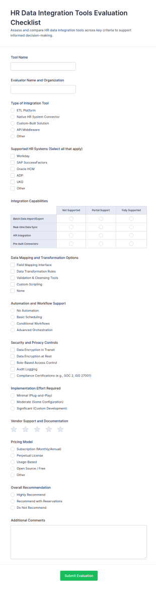 HR Data Integration Tools Evaluation Checklist Form Template