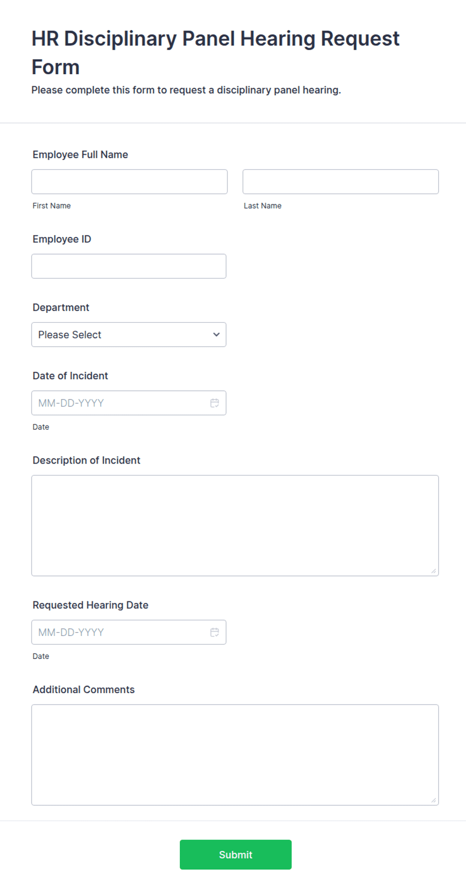 Panel Request HR Disciplinary Panel Hearing Request Form Template | Jotform