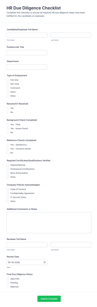 HR Due Diligence Checklist Form Template