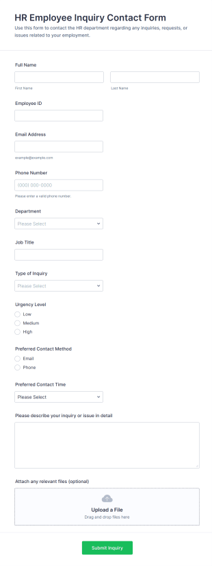 HR Employee Inquiry Contact Form Template