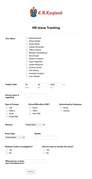 HR Issue Tracking Form Template