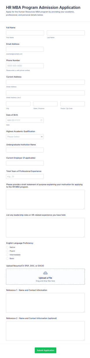 HR MBA Program Admission Application Form Template