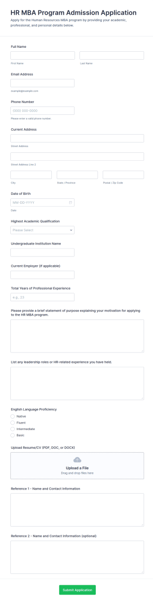 HR MBA Program Admission Application Form Template