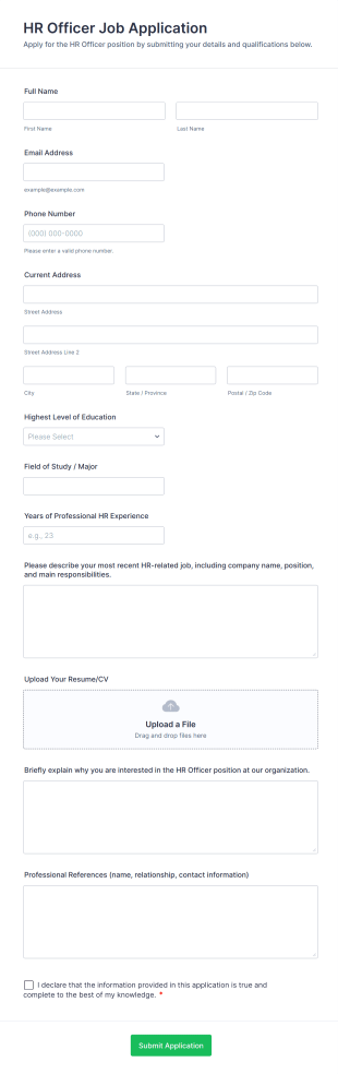 HR Officer Job Application Form Template