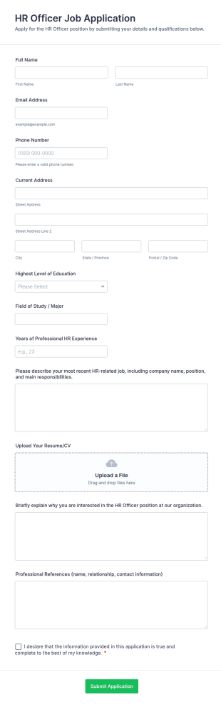 HR Officer Job Application Form Template