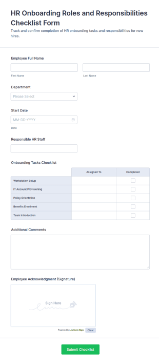 HR Onboarding Roles And Responsibilities Checklist Form Template